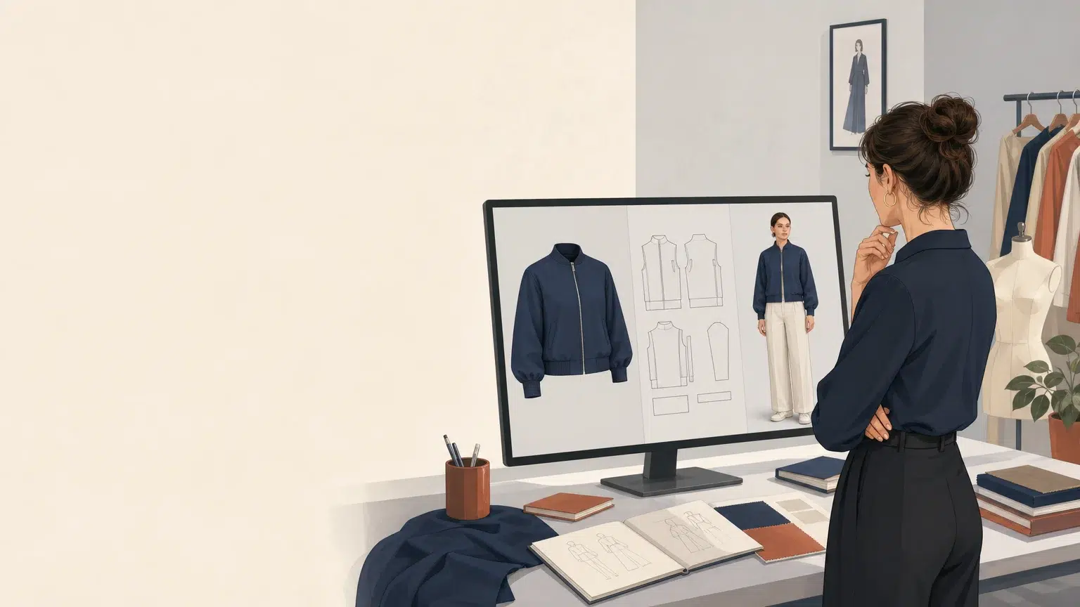 Patronage digital 3D d’un vêtement étudié sur un avatar dans un studio de modélisme en France