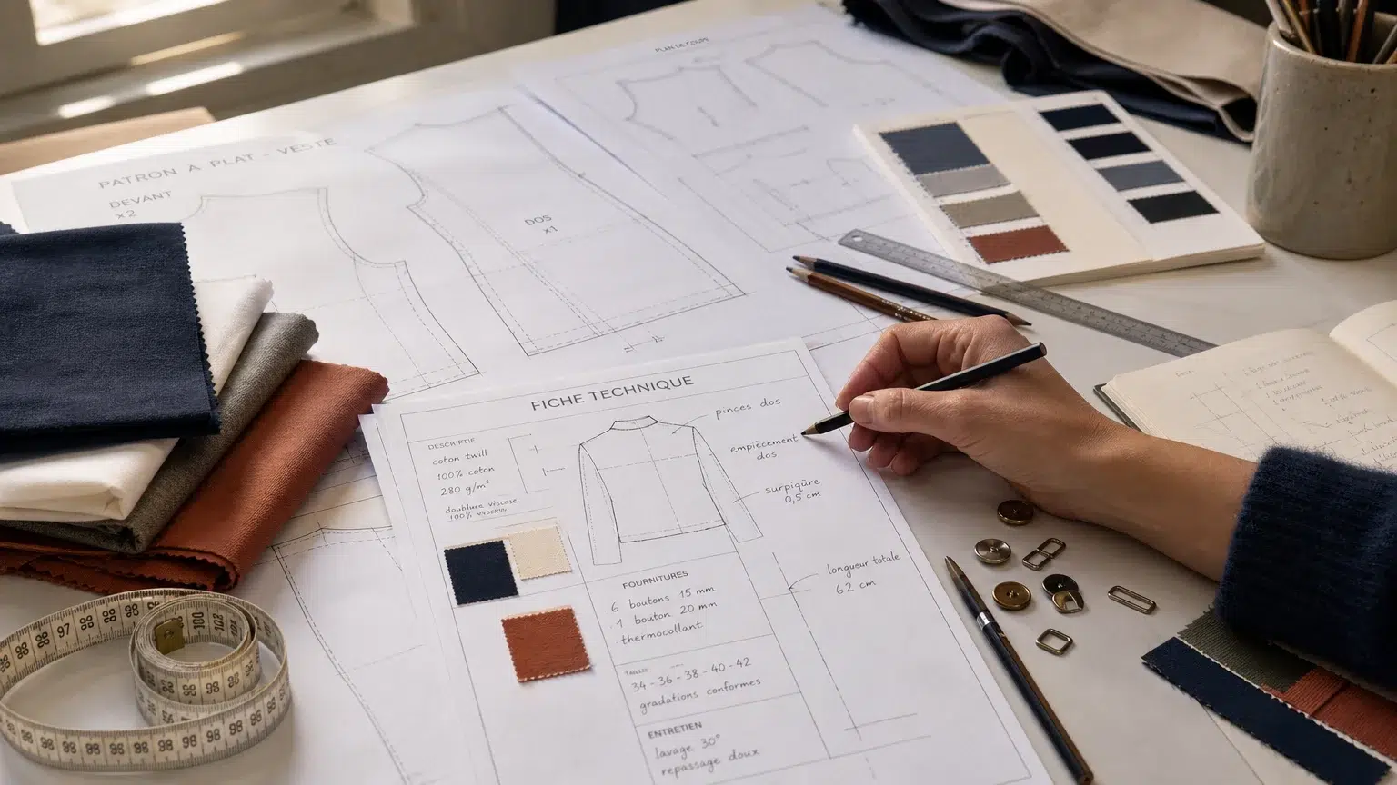 Lecture d’un dossier technique textile avant l’envoi à un atelier de confection