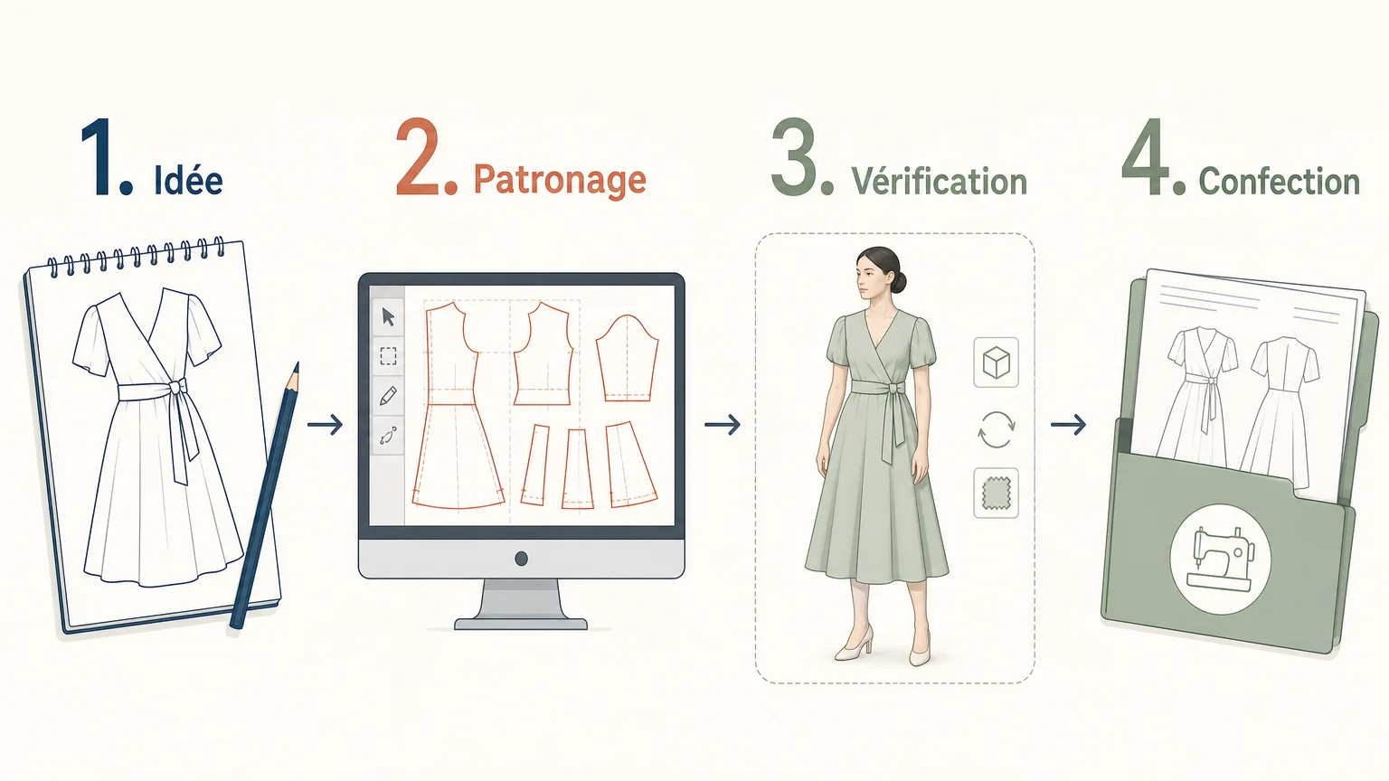 Infographie des 4 étapes avant la transmission d’un patronage à un atelier
