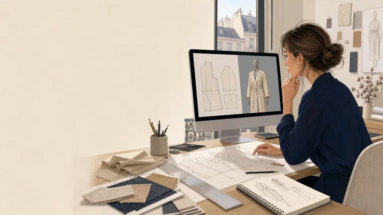 Modéliste freelance travaillant sur un patronage de vêtement en 3D dans un studio de mode en France