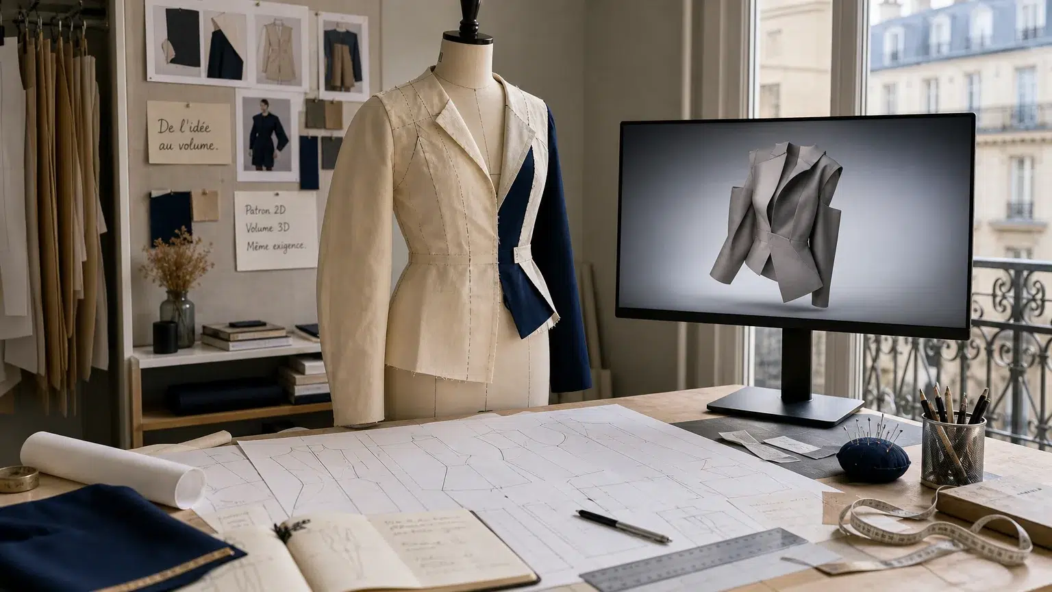 Espace de travail montrant le lien entre patronage 2D et modélisation 3D