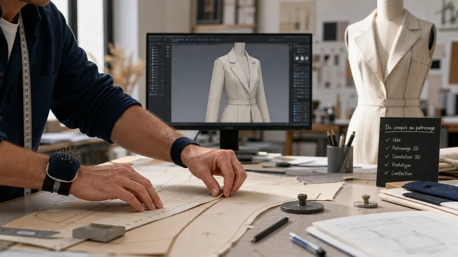 Modéliste ajustant un patronage 2D et une simulation de vêtement en 3D