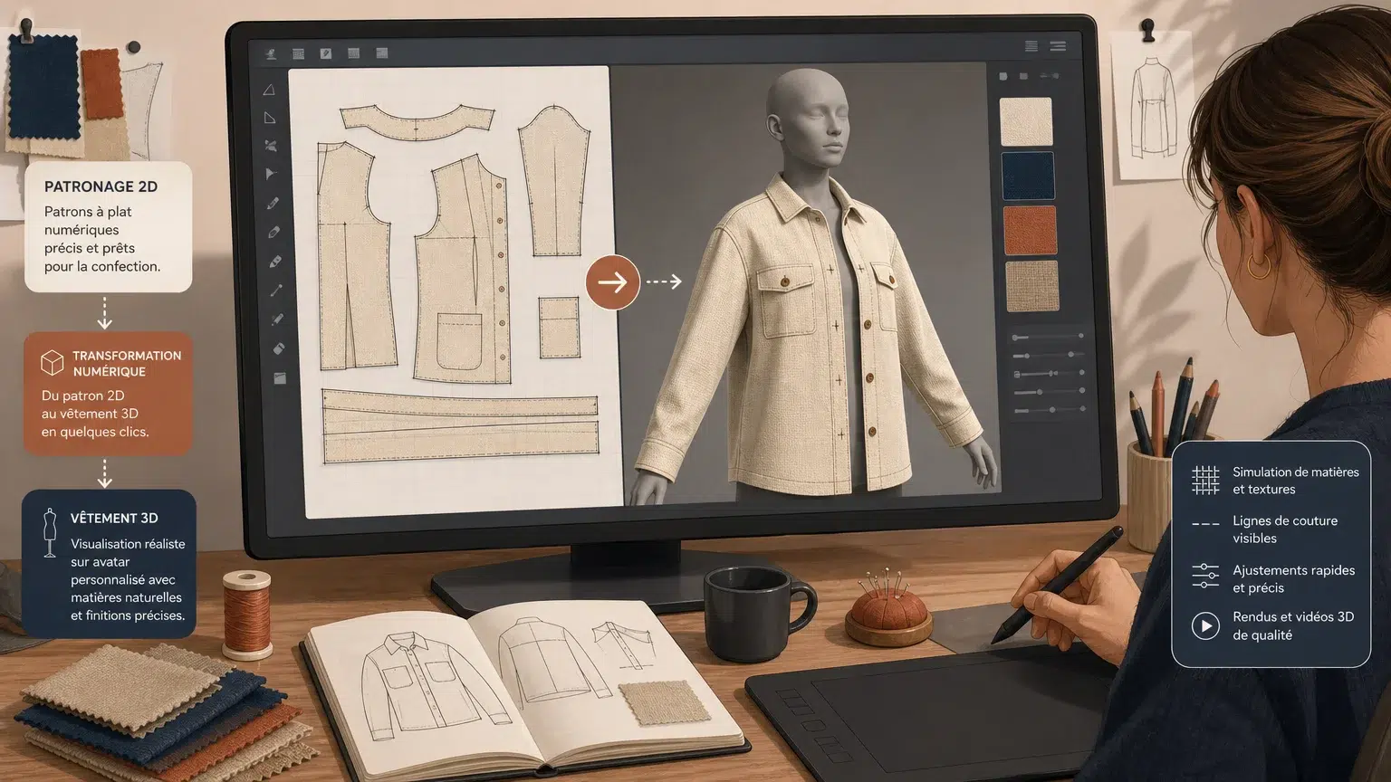 Illustration d’un patron 2D transformé en vêtement 3D sur avatar