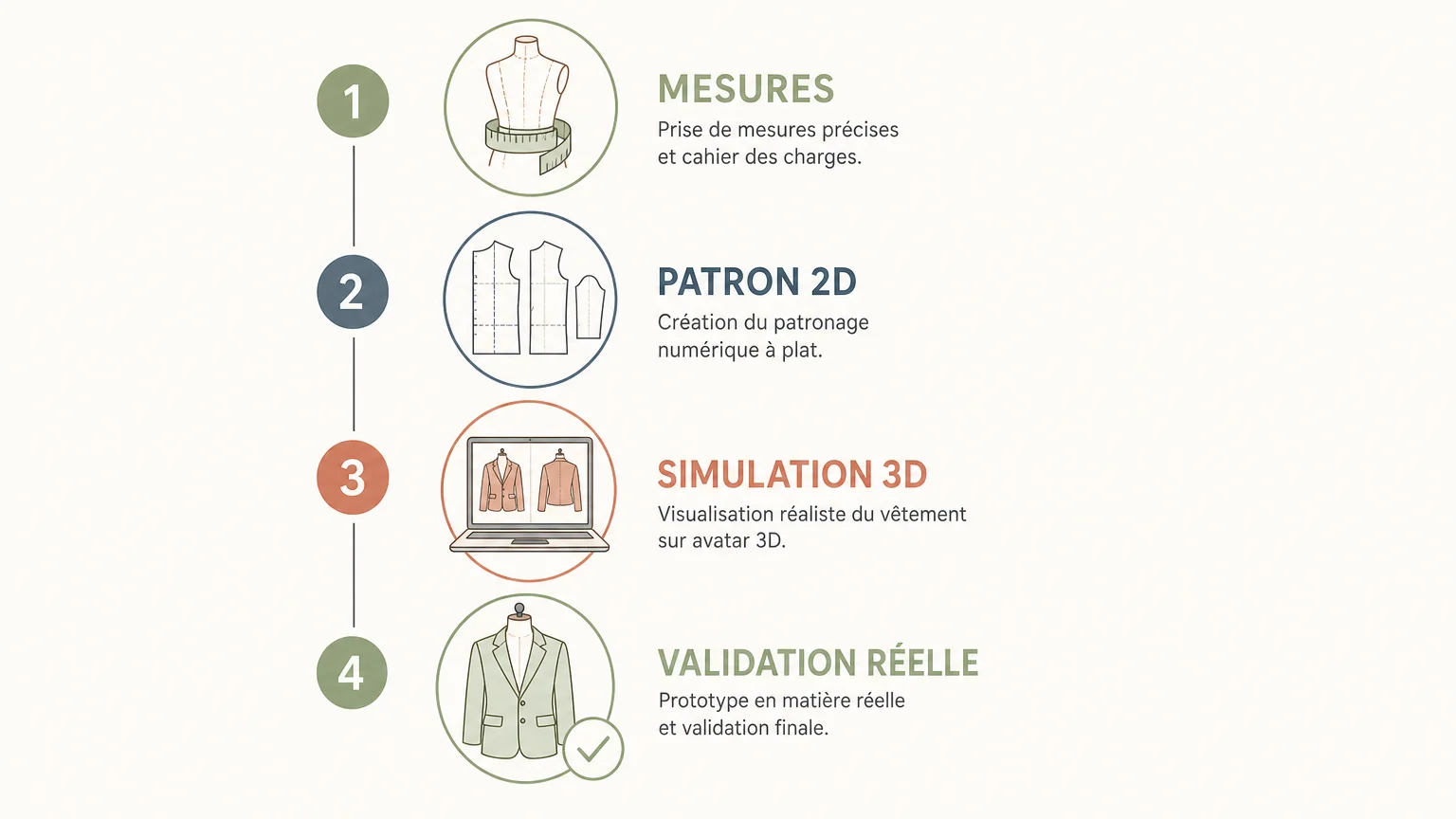 Infographie des quatre étapes du patronage digital 3D