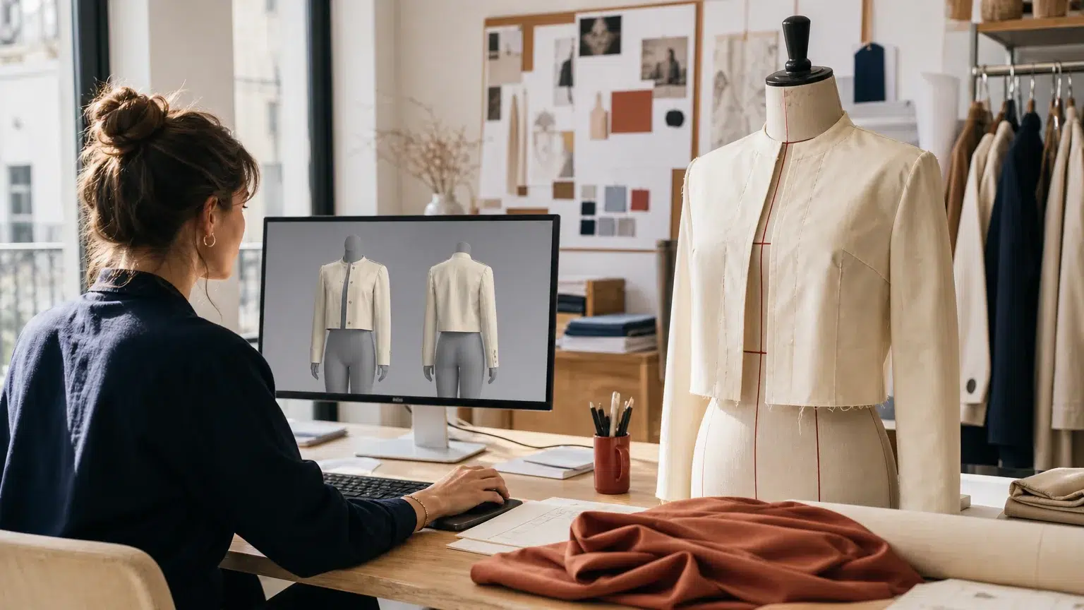 Modéliste comparant une simulation 3D et une toile physique