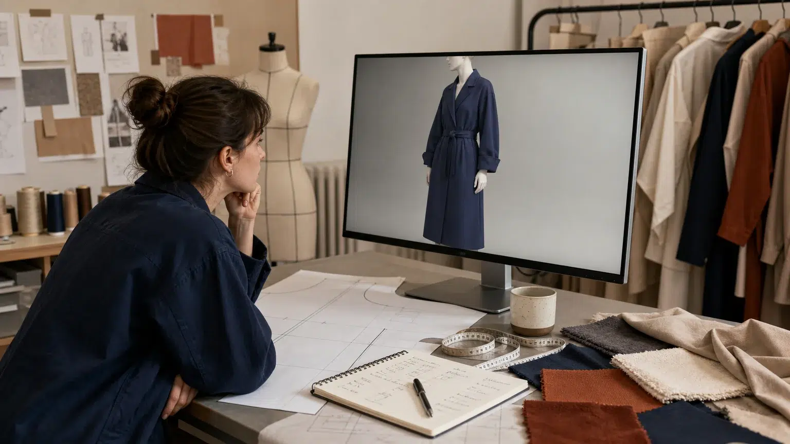 Professionnelle vérifiant un patronage de vêtement en 3D avec des échantillons de tissu