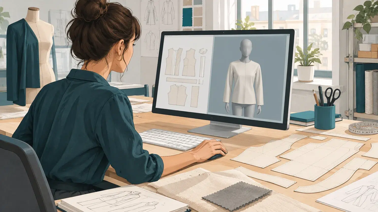 Modéliste comparant un patron papier et une simulation de vêtement en 3D
