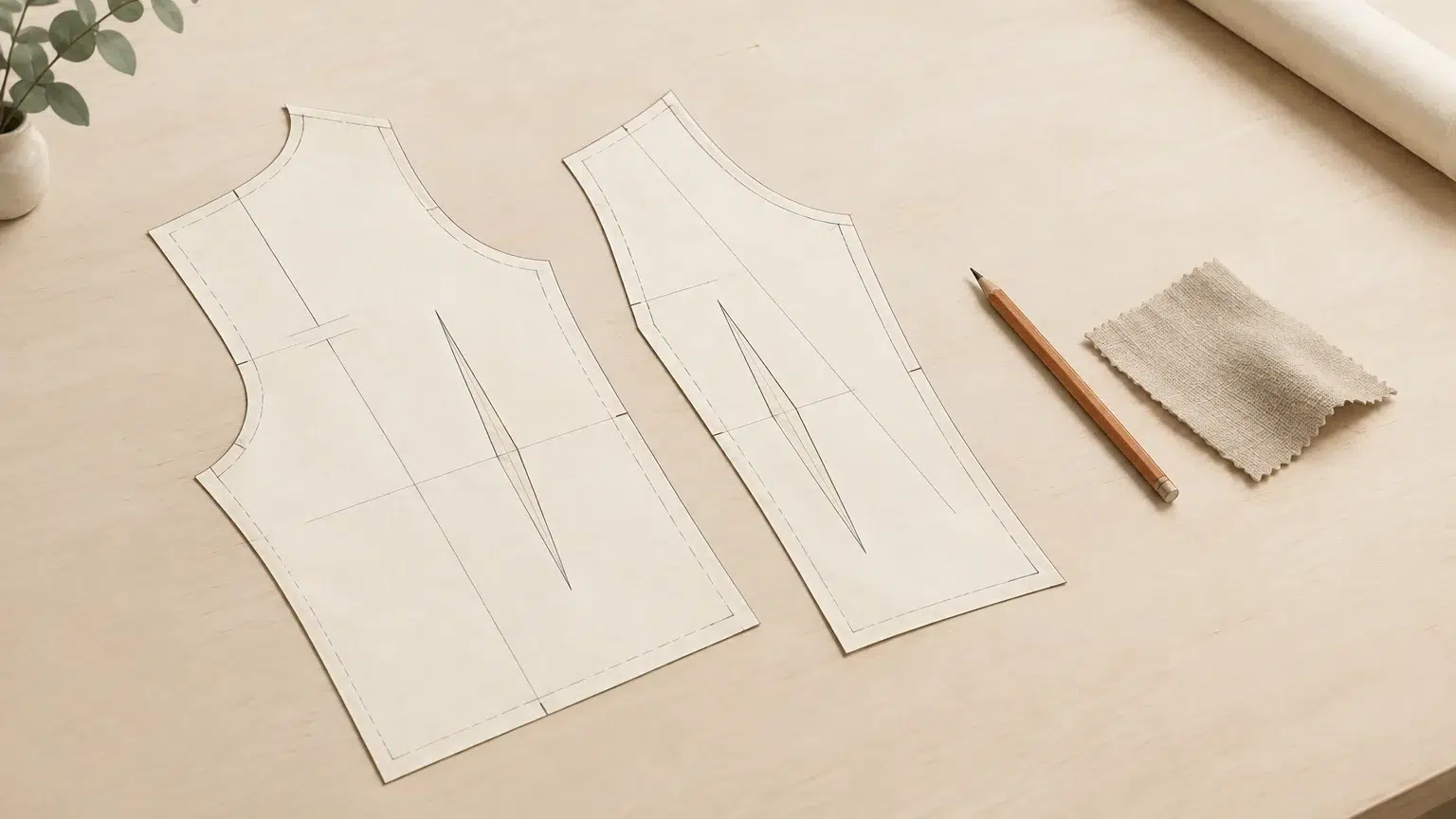 Patron de veste en papier avec un échantillon de tissu sur une table claire