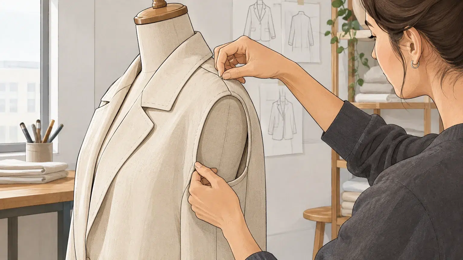 Essayage d’un prototype en toile pour vérifier l’aisance et les volumes