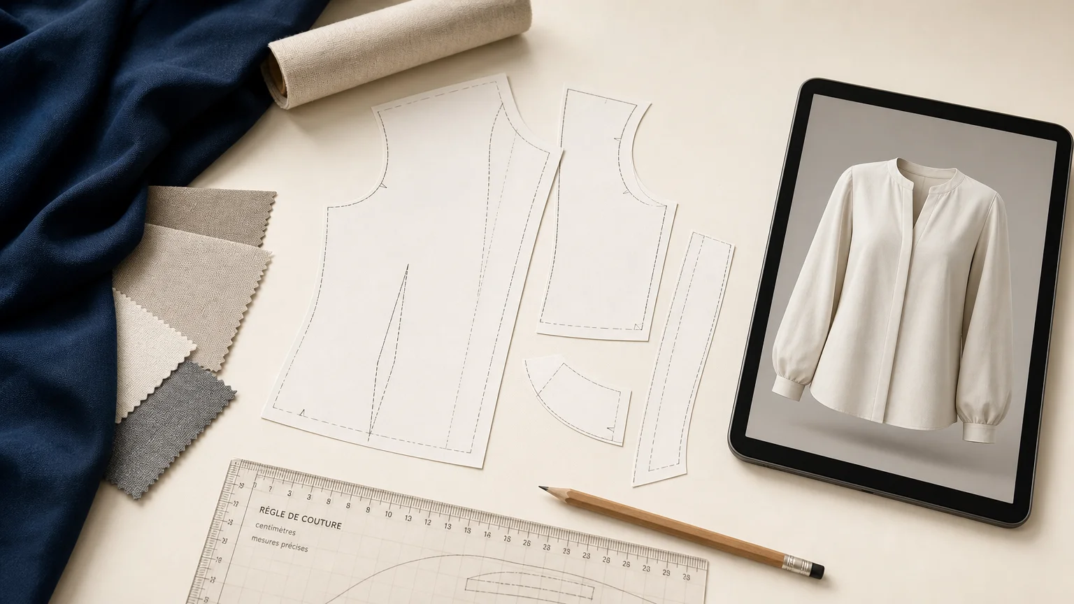 Patron en papier et vêtement visualisé en 3D sur une tablette