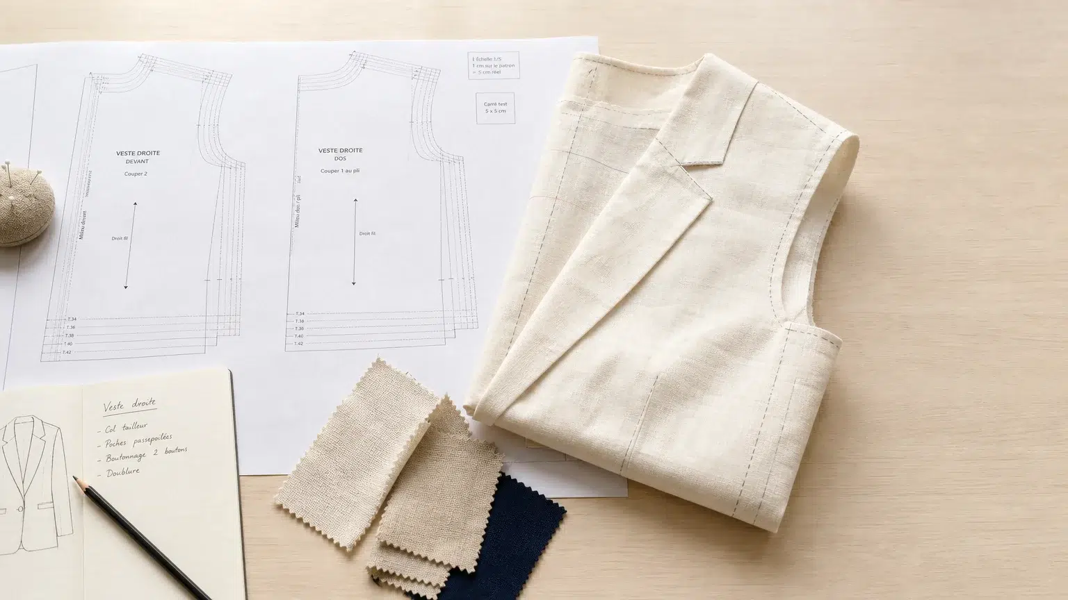 article-66226689-33be-474b-94ca-2890e668fdbf-img-0 Patron papier, toile de prototype et échantillons textiles pour un projet de vêtement