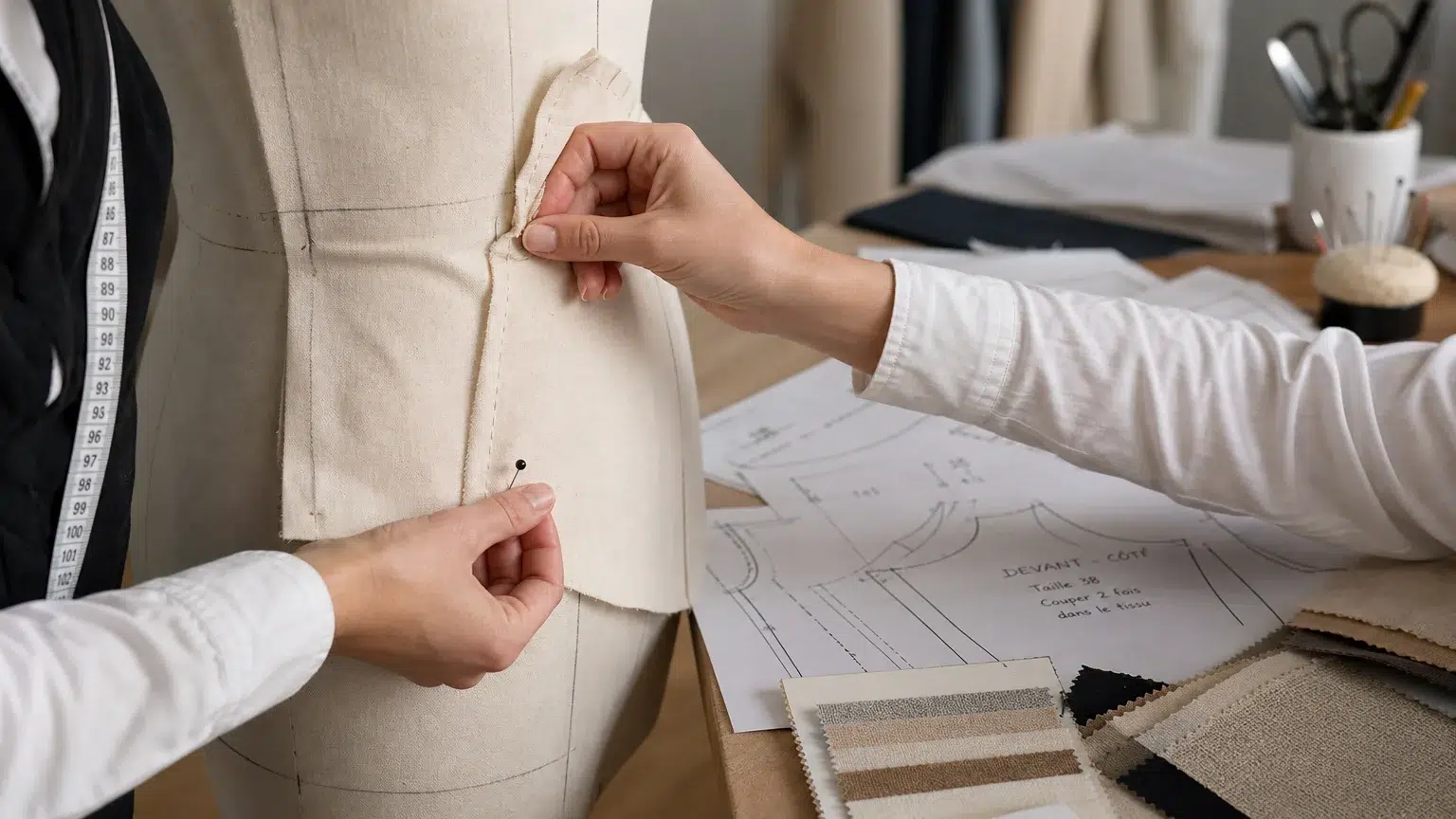 Une toile de vêtement ajustée sur mannequin à côté d’un patron papier et d’échantillons textiles