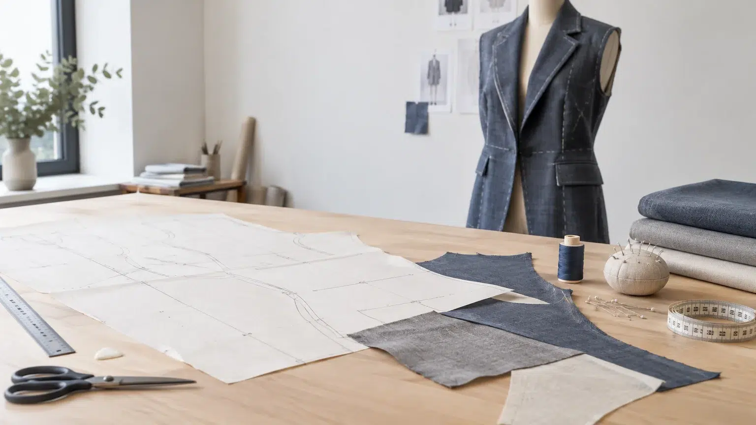 Patron papier et vêtement en cours de réalisation sur une table de travail