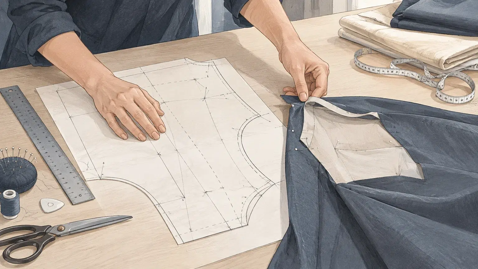 Patron papier et vêtement en cours d’assemblage dans un atelier