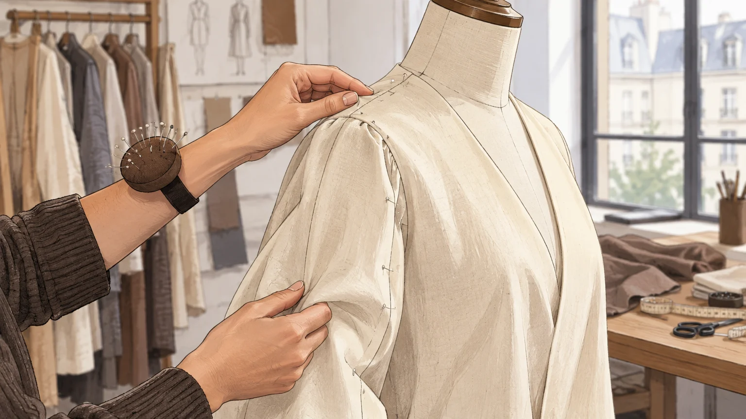 Vérification d’une toile de vêtement sur mannequin dans un atelier