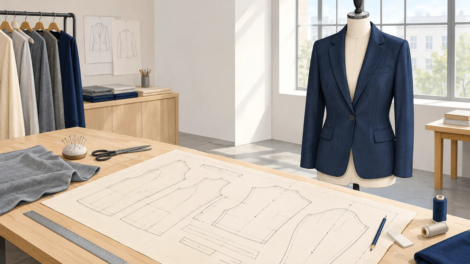 Patron papier posé près d’une veste sur mannequin dans un atelier