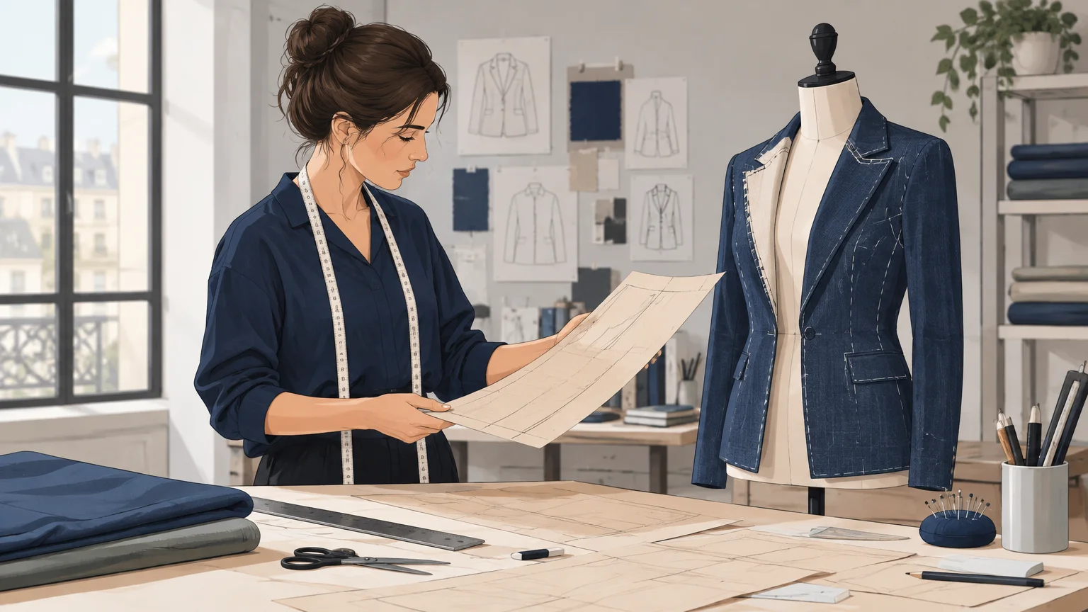 Une modéliste examine un patron et une veste en cours de développement