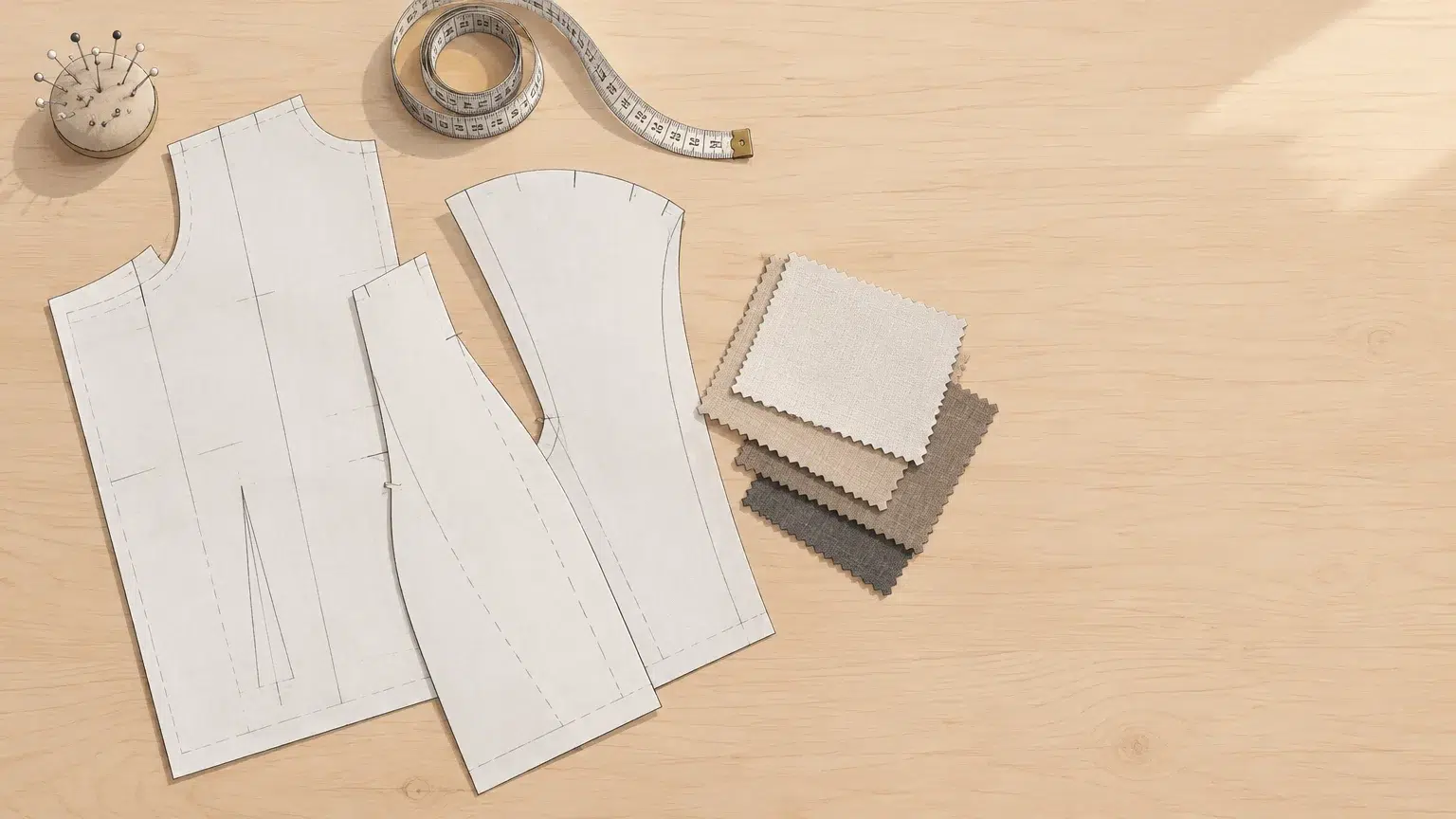 Pièces de patron papier et échantillons de tissus sur une table de travail