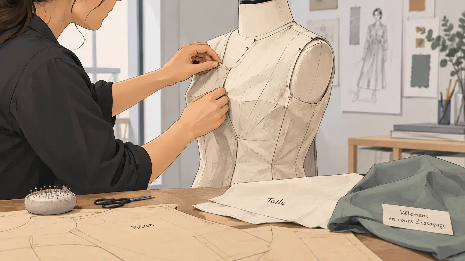 Essayage d’une toile épinglée sur un mannequin dans un atelier de modélisme
